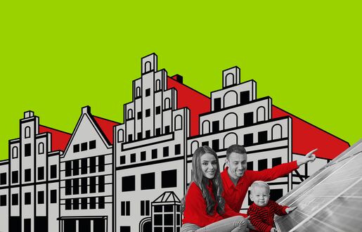 Eine Familie mit Kleinkind mit einem Solarmodul, im Hintergrund eine Illustration Lüneburger Giebelhäuser