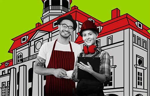 Illustration Lüneburger Rathaus, davor ein Barista und eine Bauingenieurin