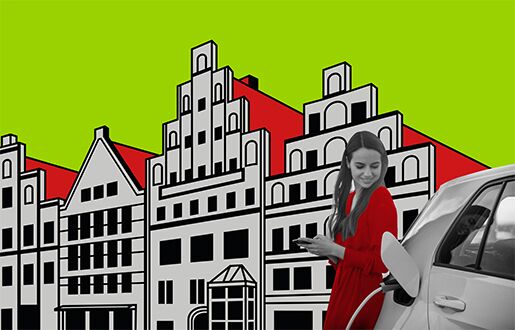 Eine Frau lädt ein Elektroauto, montiert vor eine Illustration Lüneburger Giebelhäuser