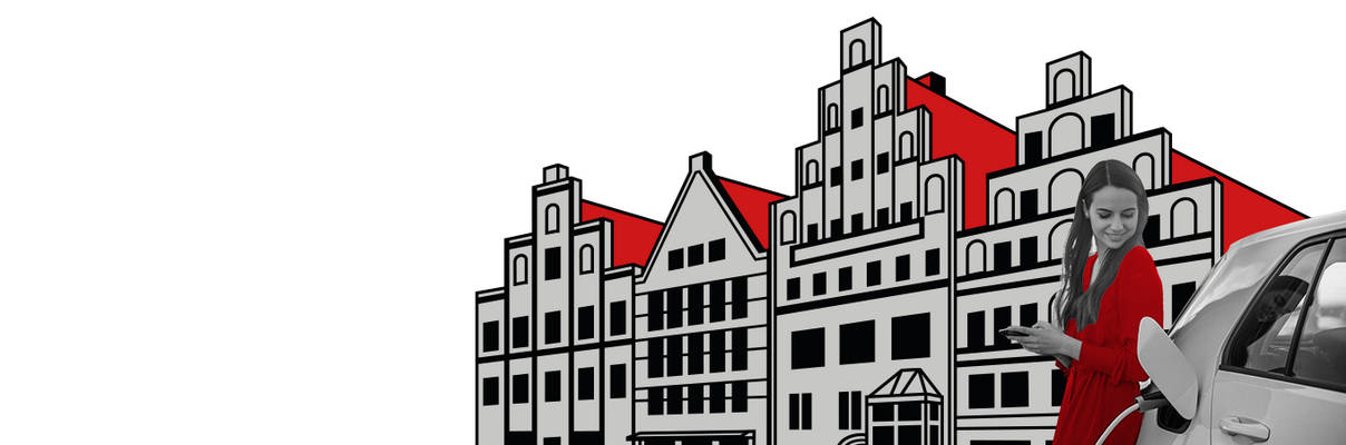 Eine Frau lädt ein Elektroauto, montiert vor eine Illustration Lüneburger Giebelhäuser